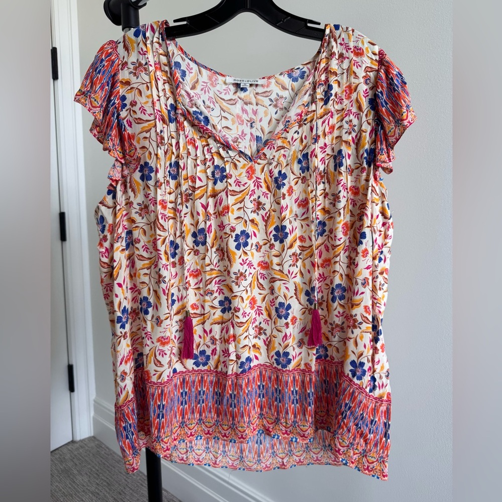 Rose & Olive Floral Tassel Top